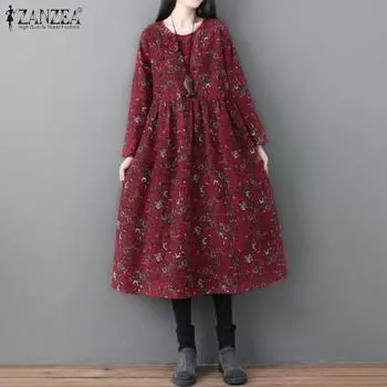 ZANZEA Женское повседневное платье с длинным рукавом и круглым вырезом с цветочным принтом XL тёмно-синий