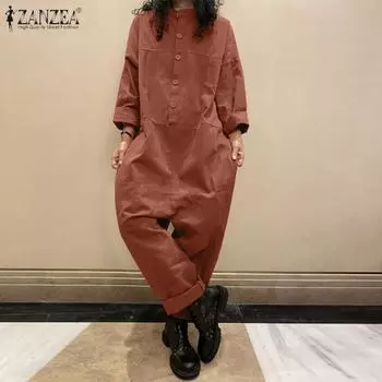 ZANZEA винтажные комбинезоны с заниженным шаговым швом, весенние брюки, повседневные комбинезоны с длинными рукавами, женский однотонный комбинезон на пуговицах