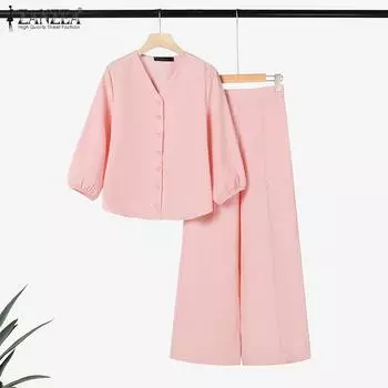 ZANZEA Women 3/4 Sleeve Blouse and Pants Casual Two Piece Suit Set L