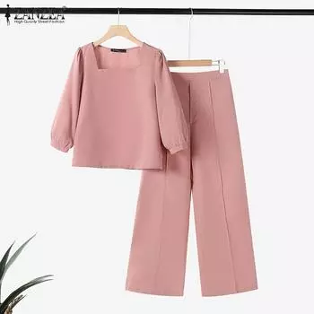 ZANZEA Women 3/4 Sleeve Blouse Casual Pants Daily Two Piece Suit Sets 5XL розовый