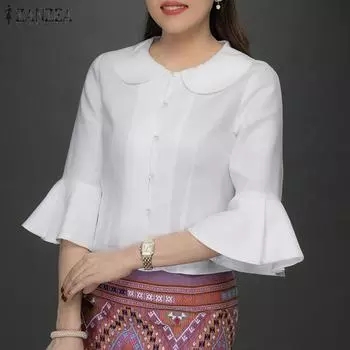 ZANZEA Женские рубашки с осенними лацканами и рукавами 3/4 в стиле пэчворк с оборками S белый