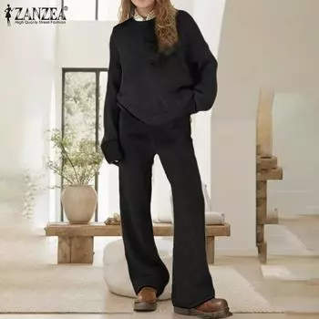 ZANZEA Women Autumn Outfits Long Sleeve Blouse and Pants Casual Two Piece Sets S чёрный