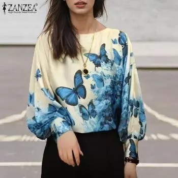 ZANZEA Women Autumn Round Neck Bat Long Sleeve Printed Blouses S чёрный