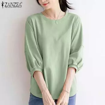 ZANZEA Women Autumn Round Neck Lantern 3/4 Sleeve Solid Color Blouses L зелёный