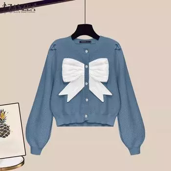 ZANZEA Women Autumn Round Neck Lantern Long Sleeve Tie Cardigans S белый