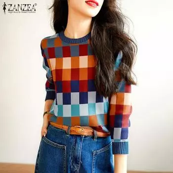 ZANZEA Women Autumn Round Neck Long Sleeve Contrast Color Plaid Knitted T-Shirts S красный