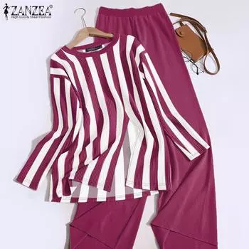 ZANZEA Женская осенняя футболка с круглым вырезом и длинными рукавами в полоску, комплекты с широкими брюками S хаки