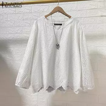 ZANZEA Women Autumn Round Neck Long Sleeve Lace Hollow Blouses S белый