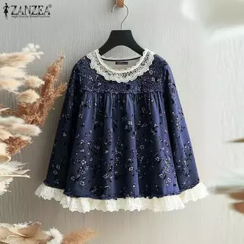 ZANZEA Women Autumn Round Neck Long Sleeve Floral Print Lace Blouses S хаки