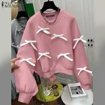 ZANZEA Женские осенние толстовки с круглым вырезом и длинным рукавом, украшенные галстуком M жёлтый