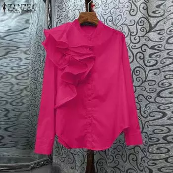 ZANZEA Женские осенние рубашки с круглым вырезом и длинными рукавами с оборками 5XL оранжевый