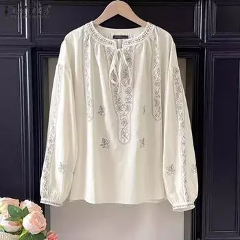 ZANZEA Women Autumn Round Neck Printed Long Sleeve Shirts S розовый