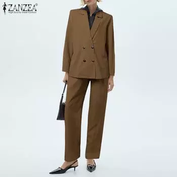 ZANZEA Women Autumn Suit Collar Long Sleeve Solid Color Blazer Pants Sets M бежевый