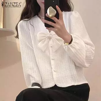 ZANZEA Женские рубашки с V-образным вырезом и длинным рукавом с завязками S розовый