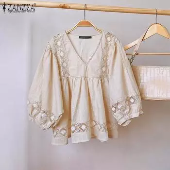 ZANZEA Women Autumn V-Neck Lantern 3/4 Sleeve Lace Blouses 5XL бежевый