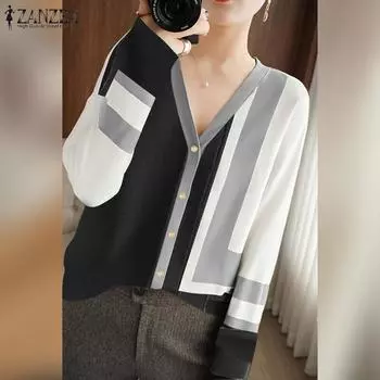 ZANZEA Женские осенние кардиганы с V-образным вырезом и длинными рукавами в стиле колор-блок S жёлтый