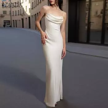 ZANZEA Women Backless Sexy Sleeveless Swing Collar Party Maxi Long Dress S бежевый