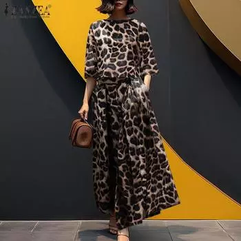 ZANZEA Women Blouse and Wide Leg Pants Casual Leopard Print Two Piece Suit Sets S коричневый