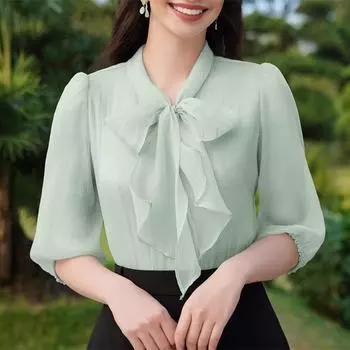 ZANZEA Women Bow Round Neck Casual Half Sleeve Solid Blouse S