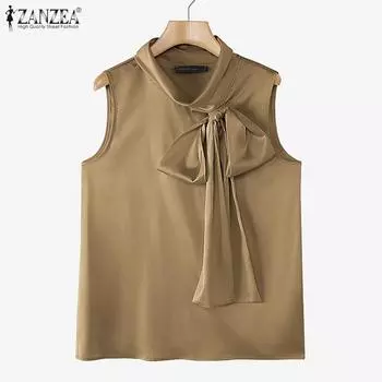 ZANZEA Women Bows Collar Summer Sleeveless Tank Tops 3XL бежевый