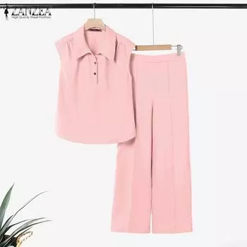 ZANZEA Women Button Tank Tops and Pants Summer Two Piece Suit Sets S синий