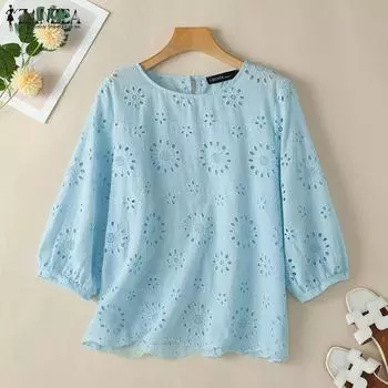 ZANZEA Women Casual 3/4 Sleeve Loose Hollow Out Blouse M чёрный