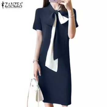 ZANZEA Женское повседневное летнее платье с коротким рукавом и воротником-бабочкой M синий