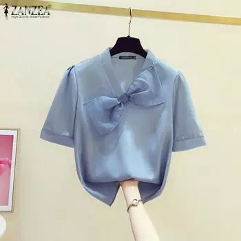 ZANZEA Women Casual Bow tie O-neck Summer Short Sleeve Blouse