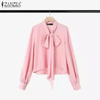 ZANZEA Women Casual Bows Round Neck Loose Long Sleeve Blouse S белый
