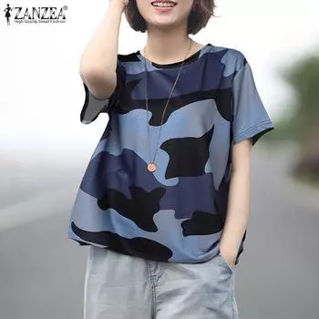 ZANZEA Women Casual Camouflage Print Crew Neck Short Sleeve T-shirts 2XL