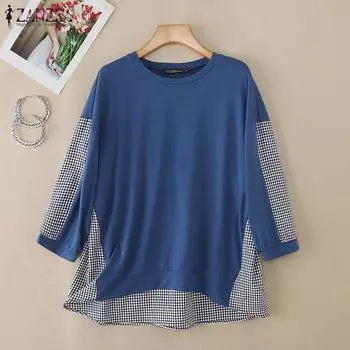 ZANZEA Women Casual Crew Neck 3/4 Sleeve Loose Plaid Patchwork Blouse S темно-синий