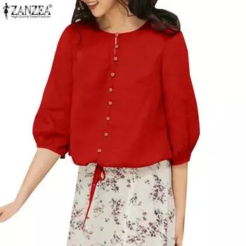 ZANZEA Женская повседневная летняя блузка с круглым вырезом и рукавом 3/4 на завязках S красный