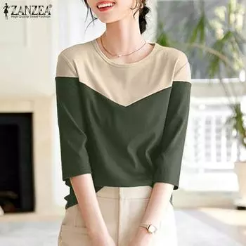 ZANZEA Women Casual Crew Neck 3/4 Sleeve Loose Patchwork Blouse S коричневый