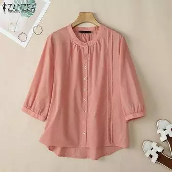 ZANZEA Женская повседневная блузка свободного кроя с круглым вырезом и рукавом 3/4 коричневый