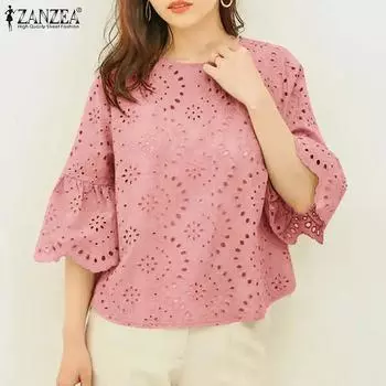 ZANZEA Women Casual Crew Neck 3/4 Sleeve Loose Lace Crochet Blouse S
