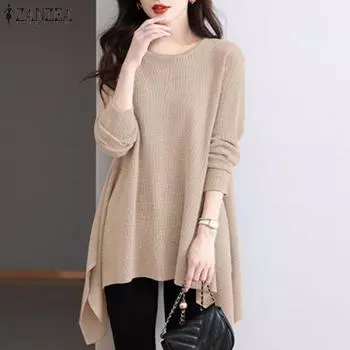 ZANZEA Women Casual Crew Neck Asymmetrical Hem Long Sleeve T-shirt S чёрный
