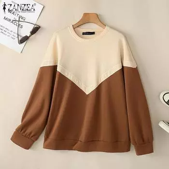 ZANZEA Women Casual Crew Neck Long Sleeve Patchwork Pullover Tops M темно-синий