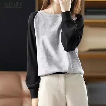 ZANZEA Women Casual Crew Neck Long Sleeve Contrast Color Knitted T-Shirts L серый