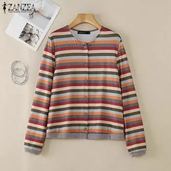 ZANZEA Женская повседневная блузка с круглым вырезом и длинным рукавом в цветную полоску S коричневый