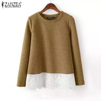 ZANZEA Women Casual Crew Neck Long Sleeve Lace Patchwork Sweatshirts S серый