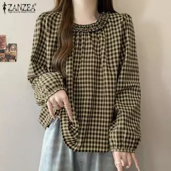 ZANZEA Women Casual Crew Neck Loose Long Sleeve Plaid Blouse S чёрный