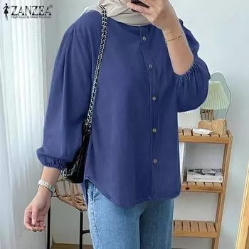 ZANZEA Women Casual Crew Neck Nine Quarter Sleeve Loose Plain Blouse 5XL синий