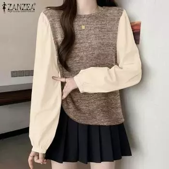 ZANZEA Women Casual Crew Neck Patchwork Long Sleeve Blouse S хаки