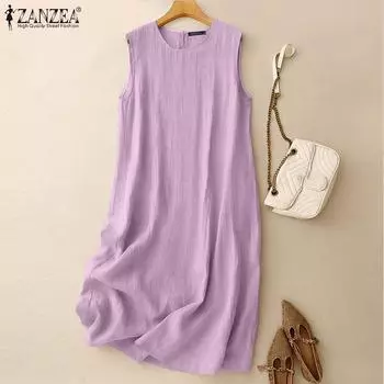 ZANZEA Women Casual Crew Neck Sleeveless Cotton Tank Dress L фиолетовый