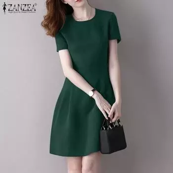 ZANZEA Women Casual Crew Neck Summer Short Sleeve Dress 3XL красный
