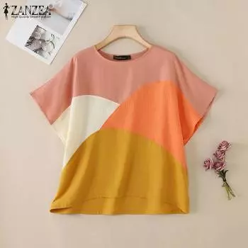 ZANZEA Женские повседневные летние футболки с круглым вырезом и коротким рукавом S синий