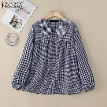 ZANZEA Women Casual Doll Collar Long Sleeve Loose Grid Print Blouse M темно-синий