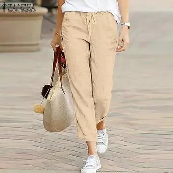 ZANZEA Women Casual Elastic Waist Drawstring Solid Color Trousers S розовый