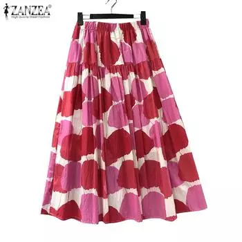 ZANZEA Женские повседневные свободные геометрические длинные юбки с эластичной талией M розовый