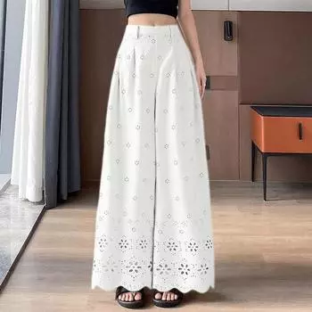 ZANZEA Women Casual Elastic Waist Loose Hollow Wide Leg Pants M